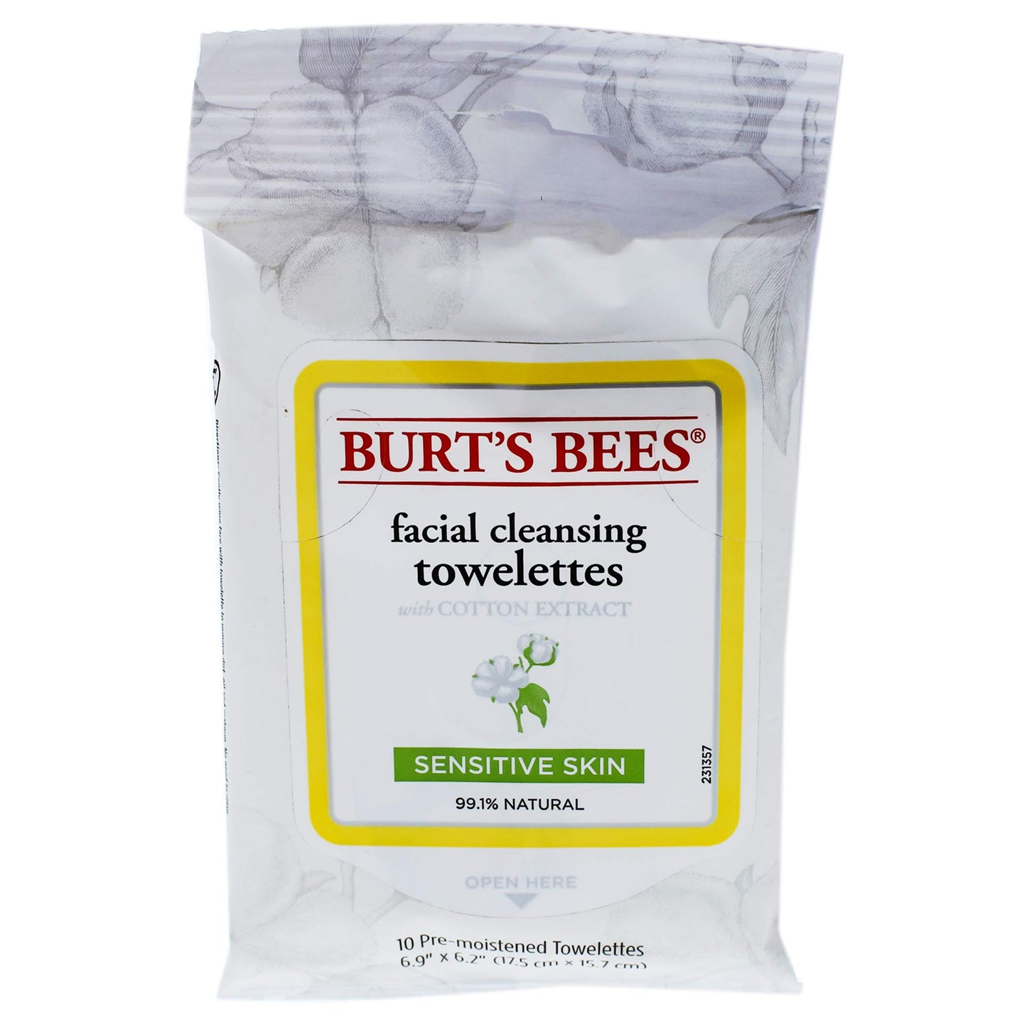 Burt's Bees, Wipes Facial Cleansing Towelettes with Cotton Extract Sensitive Skin, 10pc