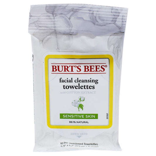 Burt's Bees, Wipes Facial Cleansing Towelettes with Cotton Extract Sensitive Skin, 10pc