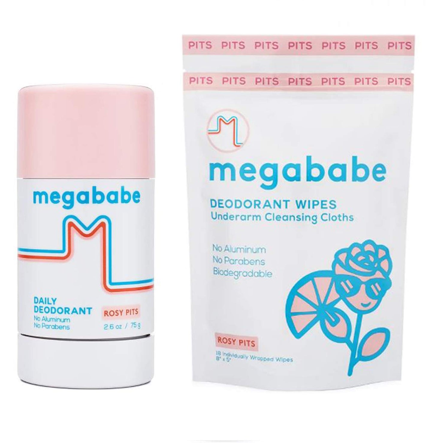 Megababe, Bundle, Deodorant and Wipes Underarm Cleansing Cloths, 2pc