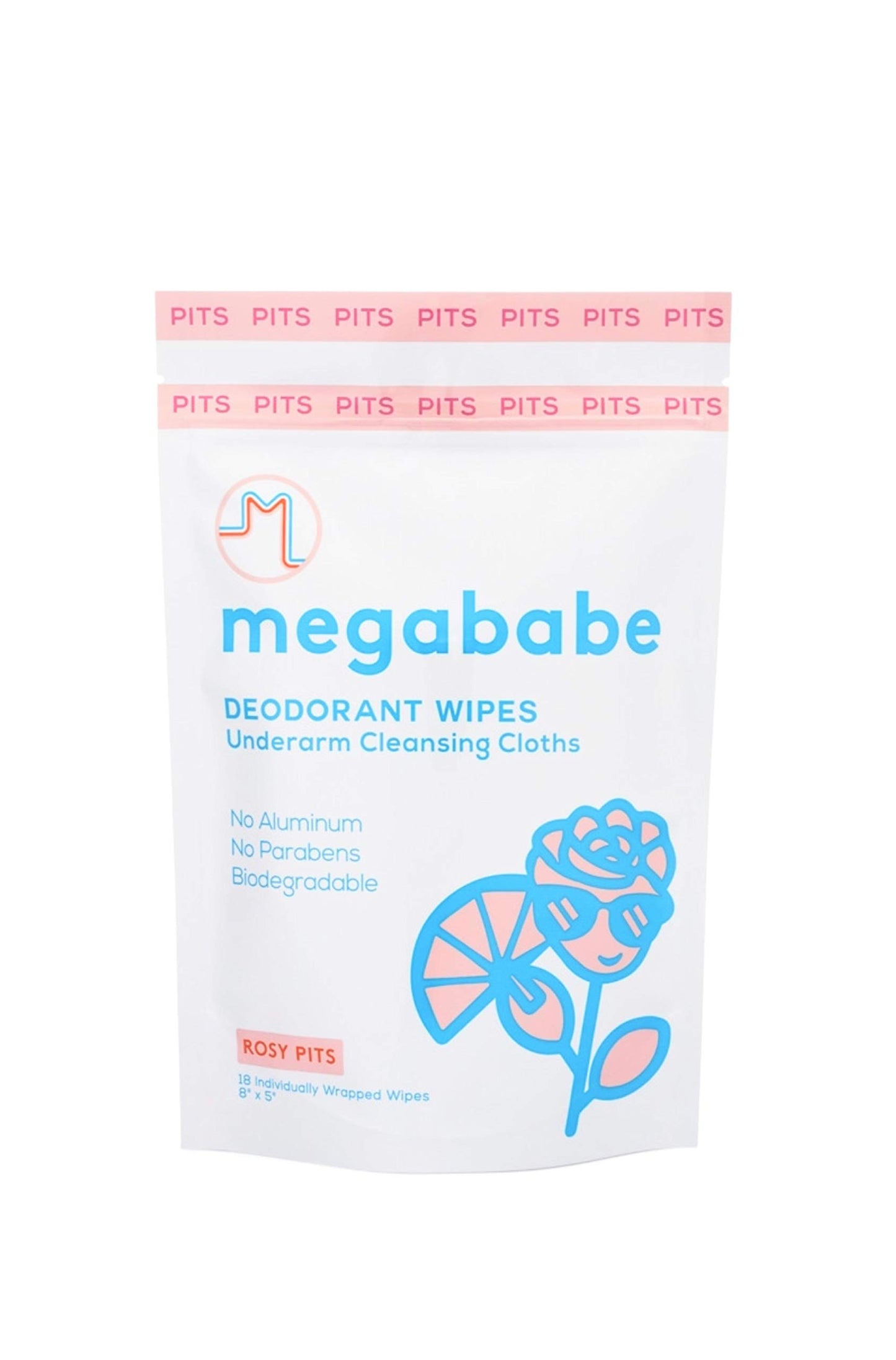 Megababe, Wipes Deodorant Underarm Cleansing Cloth, Rosy Pits, 18pc